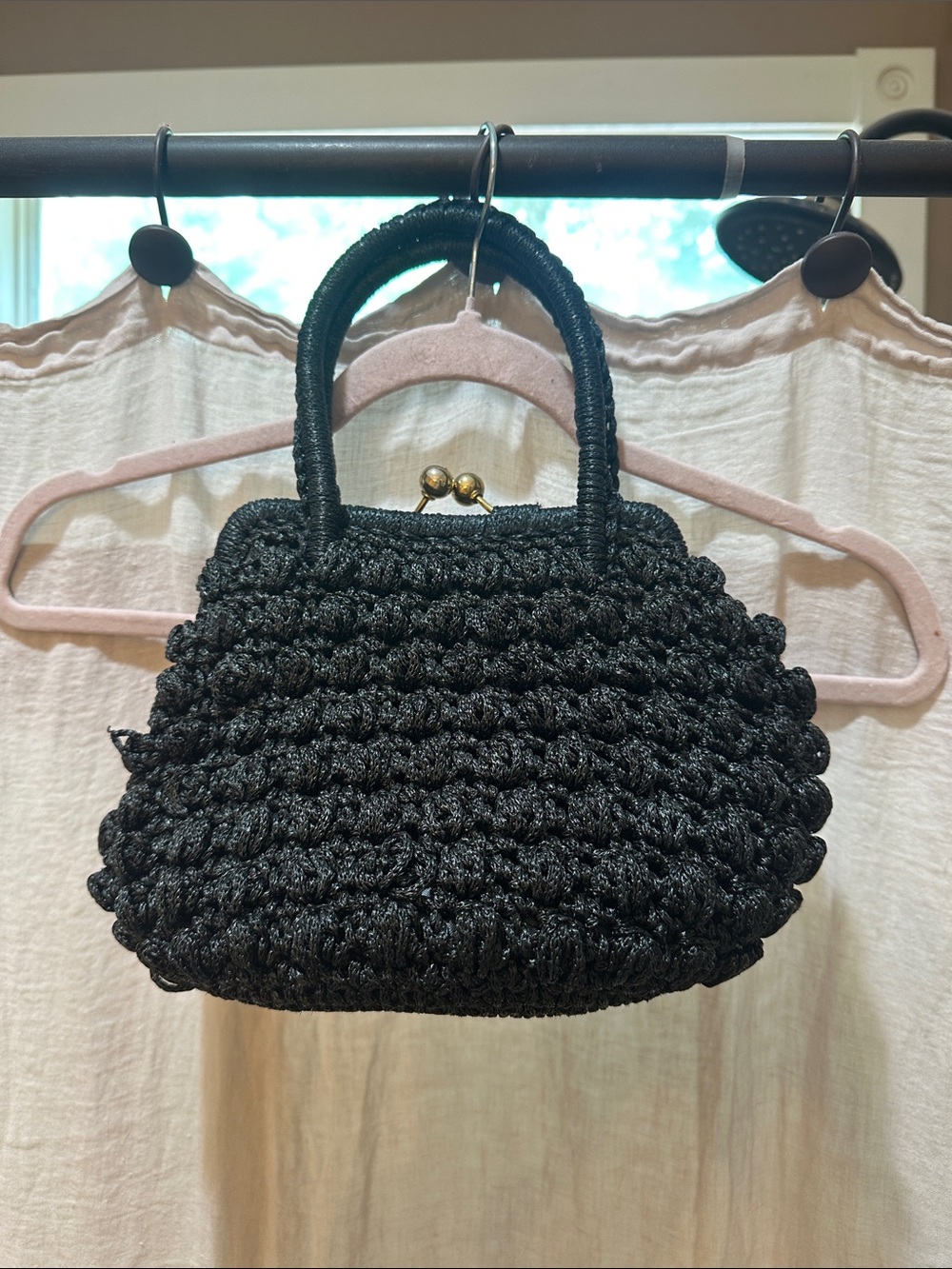 Vintage Black Crochet Mini Top-Handle Bag with Gold-Tone Kiss Lock